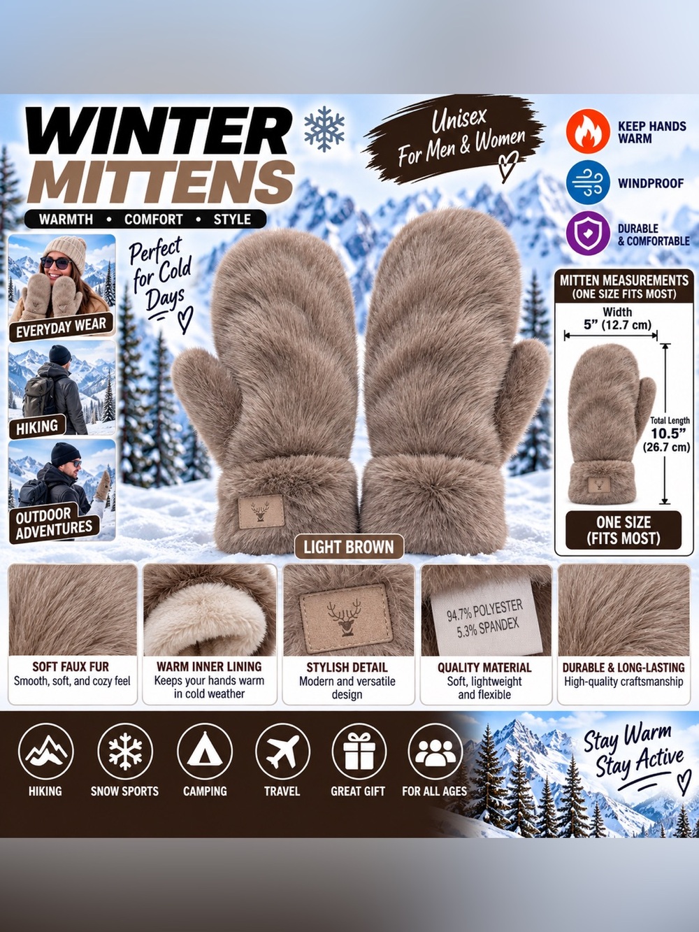 Unisex Winter Faux Fur Mittens Light Brown Warm Plush Lined One Size Soft Cozy